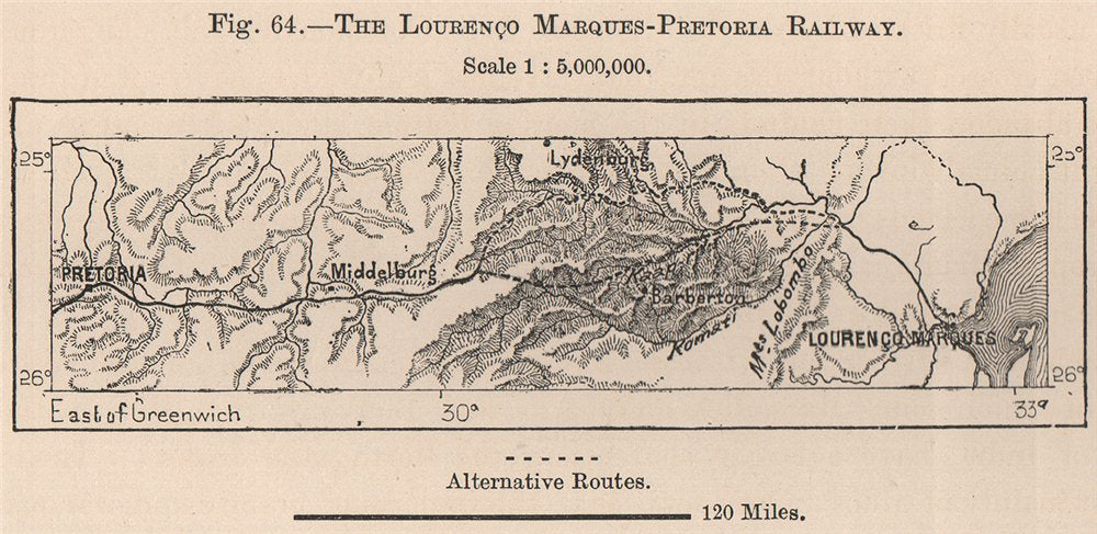 Maputo (Maputo) -Pretoria Railway. South Africa. Mozambique 1885 old